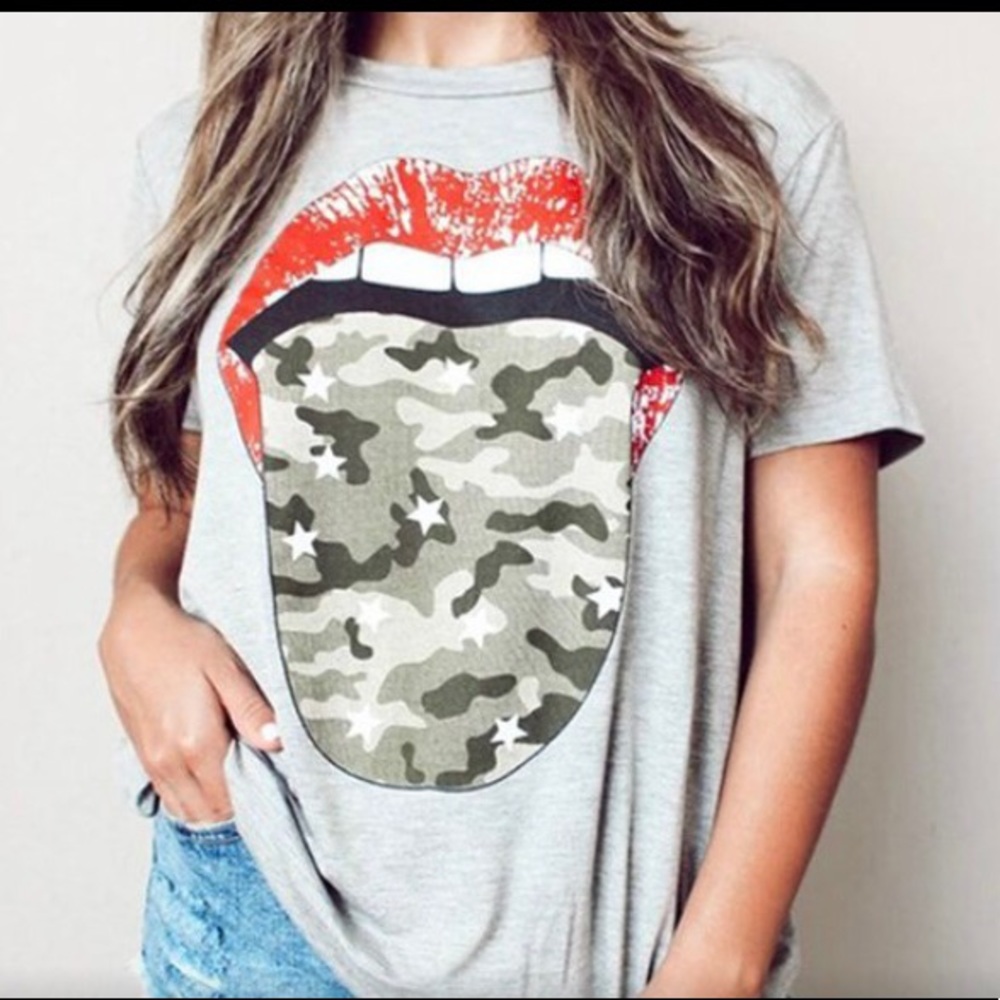 ❤️‍🔥Gray Camouflage Tongue Lip Graphic Short Sleeve T-Shirt❤️‍🔥Brand New❤️‍🔥 - Picture 4 of 5